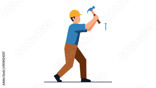 Hammering at Work: A construction worker, equipped with a helmet, swings a hammer with precision, driving a nail into a wall. The image embodies the focus, skill.