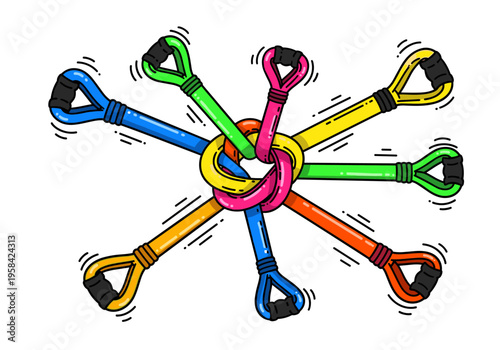Colorful resistance bands tied together in a knot, symbolizing teamwork and unity
