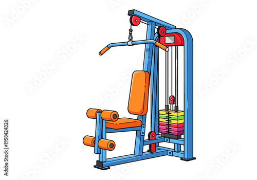 Cartoon illustration of a multi-functional weight training machine with colorful weight plates