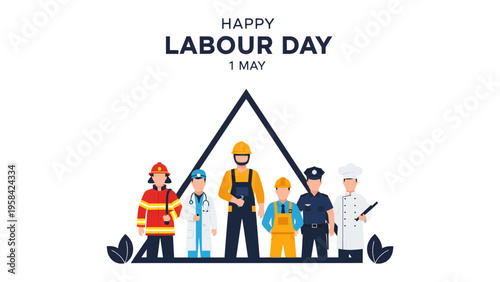Labor Day Celebration: A vibrant illustration depicts a diverse group of workers, each representing a different profession, united under a banner of Happy Labor Day on May 1st.