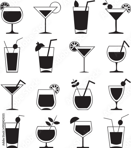 A diverse set of minimalist black outline cocktail glass silhouettes with straws and fruit garnishes on white