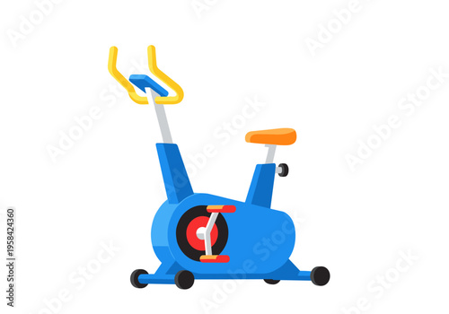 Modern blue exercise bike with yellow handlebars and orange seat on white background