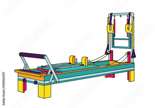 Colorful Pilates reformer machine with springs and straps for exercise