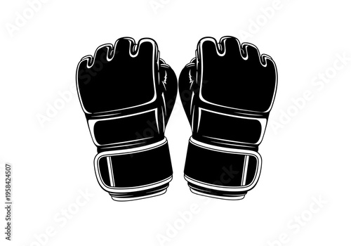 Pair of black MMA gloves with white trim on a white background