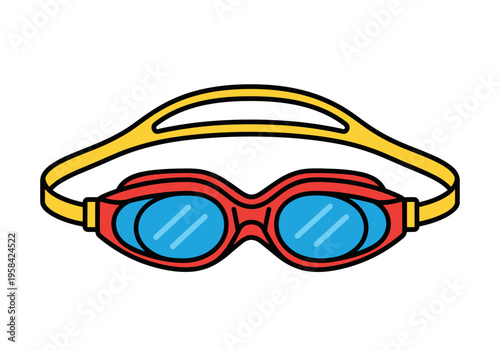 Bright red and blue swimming goggles with yellow strap for water sports
