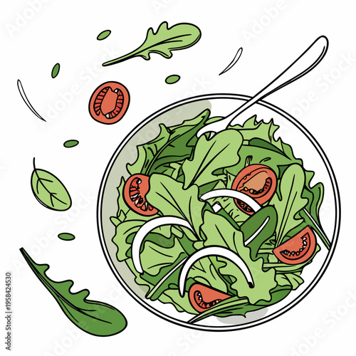 Assiette de salade verte fraîche et saine prise d’en haut sur fond blanc