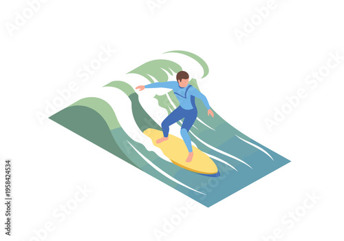 Surfer riding a wave on a yellow surfboard in a blue wetsuit