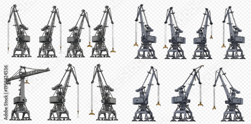 Set of industrial port cranes isolated on a transparent background, showcasing heavy lifting machinery for cargo operations and construction projects.