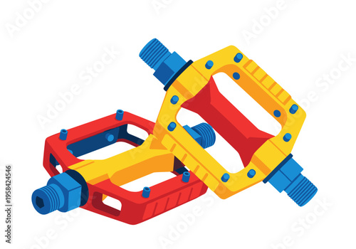 Colorful bicycle pedals with red and yellow platforms and blue threaded spindles