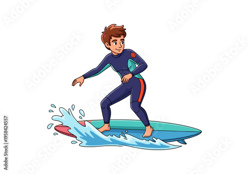 Young man in wetsuit surfing on a blue surfboard with splashing water