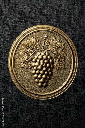 Elegant bronze grape emblem on a textured black background, symbolizing wine culture and heritage
