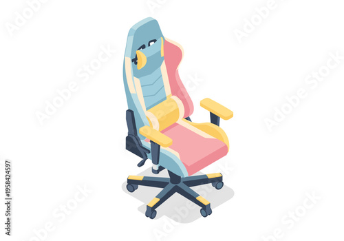 Ergonomic gaming chair with pastel colors and adjustable armrests on wheels