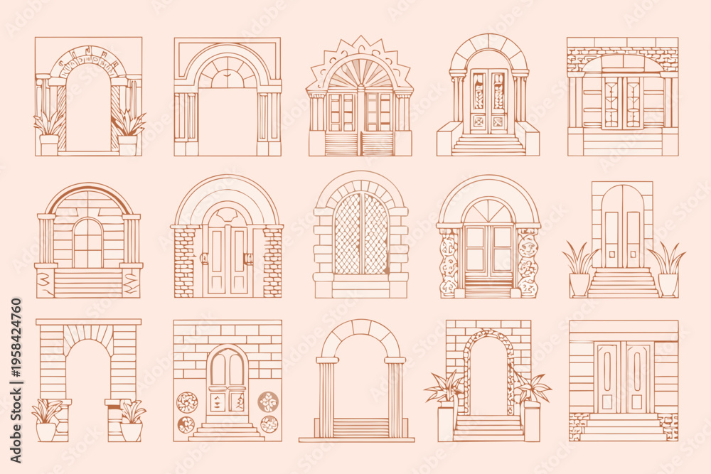 Fototapeta premium Collection of vintage architectural door and archway line drawings