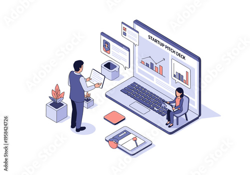 Business professionals collaborating on a startup pitch deck presentation on laptop