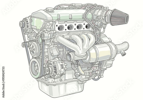 Detailed illustration of a complex internal combustion engine with all its components