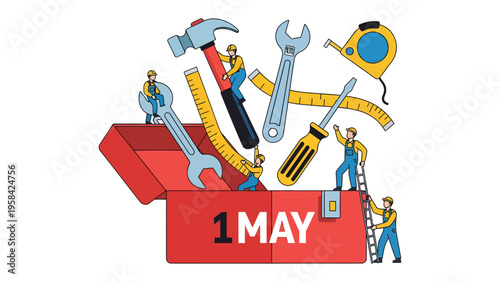 Tools and Labor: A whimsical illustration of tools and construction workers celebrate the spirit of labor day on May 1st. Embodying the strength, creativity.