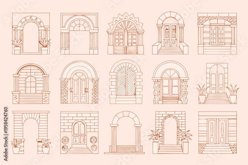 Collection of vintage architectural door and archway line drawings