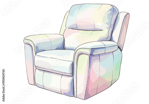 Comfortable recliner chair with soft pastel watercolor shading and clean lines
