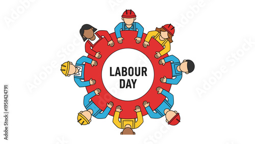 Labor Day Celebration: A group of construction workers, united in solidarity, hold up a banner proudly proclaiming Labor Day, honoring the hard work and dedication of the workforce.