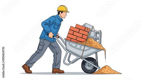 Construction worker with wheelbarrow: A construction worker, meticulously navigating a wheelbarrow laden with bricks and sand, epitomizes the essence of construction.