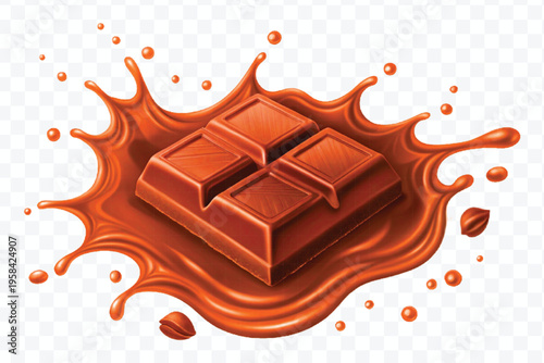 abstract 3d chocolate bar into liquid chocolate splash with bubbles in curve style isolated on transparent background
