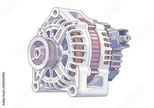 Detailed illustration of a car alternator with pulley and wiring connector