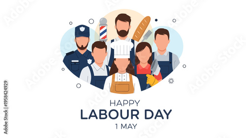 Labor Day Celebration: A diverse group of essential workers come together in a stylized illustration, celebrating the spirit of hard work and dedication.