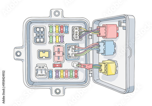 Automotive fuse box with colorful wires and connectors, illustration