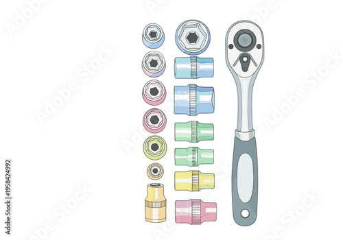 Colorful socket wrench set with ratchet tool for mechanical repairs