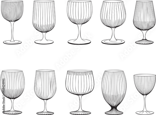 A set of elegantly striped wine glasses with various shapes displayed on a clean white surface