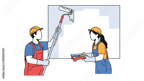 Team of Painters at Work: Two painters collaborate on a home renovation project. One applies paint with a roller while the other prepares the paint. A scene of skilled teamwork and home improvement.