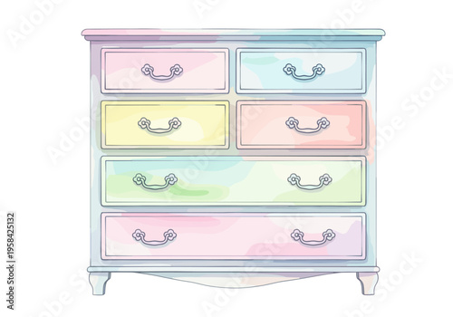 Charming pastel dresser with six drawers and ornate handles