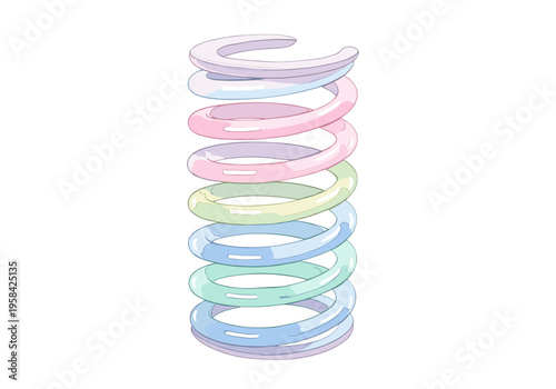 A colorful spring made of pastel colored coils stacked vertically on a white background