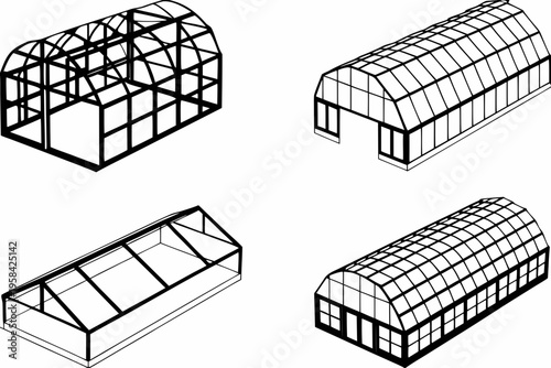 Isometric illustrations of greenhouse structures in a black and white style