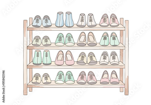 Colorful collection of shoes neatly organized on a wooden shoe rack