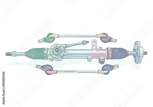 Automotive steering rack and tie rod ends assembly illustration