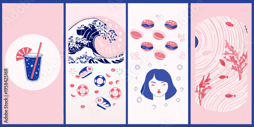 Tablou pe pânză A series of vertical panels displaying japanese inspired illustrations in blue a