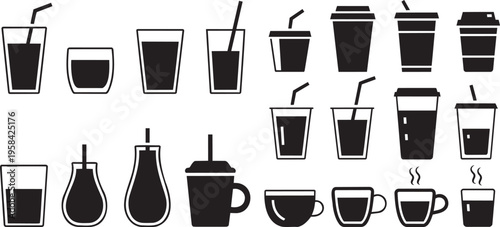 A variety of black silhouette icons showcasing different glasses, mugs, and cups for various drinks on white