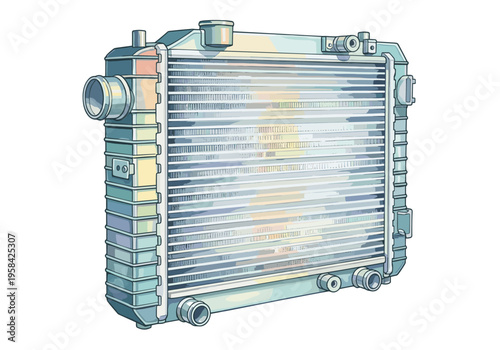 Detailed illustration of a car radiator with intricate fins and hose connections