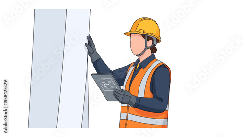 Construction worker and Property Inspection: An inspector meticulously examines a building's structure, focusing on the details to ensure precision, professionalism and expertise in their work.