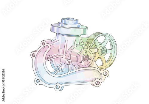 Automotive water pump with pulley and mounting flange on white background