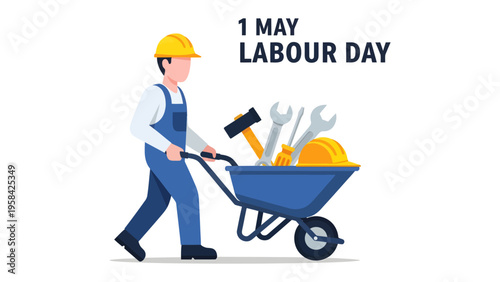Labor Day Celebration: A diligent worker, adorned in a hardhat, pushes a loaded wheelbarrow brimming with essential tools, celebrating labor day.
