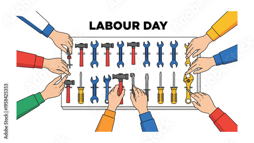 Labor Day Celebration: A collective of hands surrounds and interacts with the essential tools of labor, presented in a neatly arranged display.