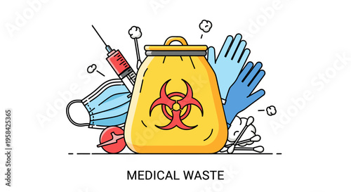 Medical waste illustration with biohazard bag, syringe, mask, and gloves.
