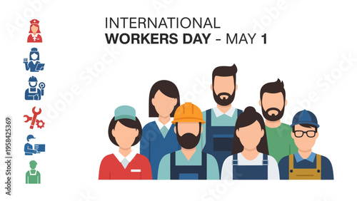 Workers' Day Celebration: An illustrated image paying homage to International Workers' Day, May 1st, showing a diverse group of essential workers.