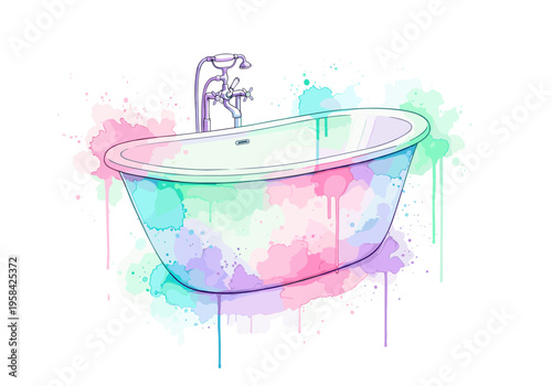 Artistic freestanding bathtub with colorful watercolor splashes and drips