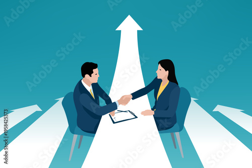 Growth. A successful strategy based on collaboration. Business couple, man and woman shaking hands and sitting on opposing sides of rising arrow sign. Concept business vector illustration. 