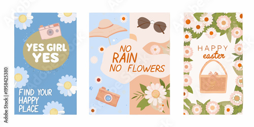 Three vertical illustrated panels with summer themes and positive messages