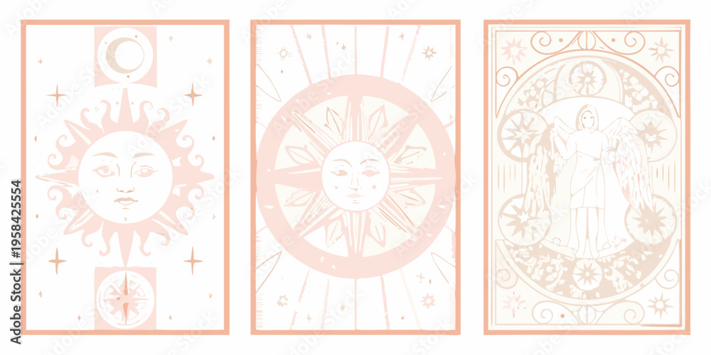 Naklejka premium A triptych of pastel tarot cards featuring celestial and sun imagery