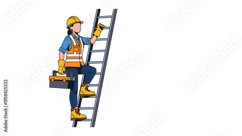 Uphill Climb: A determined individual, equipped with safety gear and a toolbox, fearlessly ascends a ladder, embodying resilience and dedication in pursuit of a project.